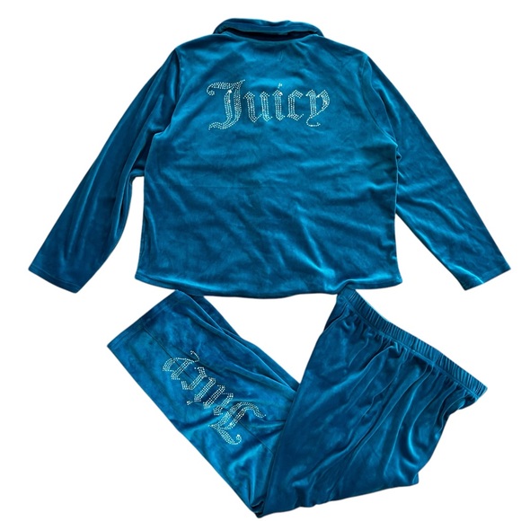 Juicy Couture Pajama Set Size Large Velvet Velour Teal Lounge Rhinestone 8329-47